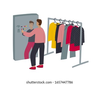 Person using Augmented Reality magic mirror for apparel clothing shopping to chose colour, fit and design of his look. Life scene flat vector illustration people of modern technology project promotion