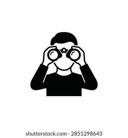 Person using binoculars for observation and scouting. Minimalist black silhouette symbol of discovery and searching.