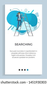 Person using binoculars vector, businessman standing on ladder and looking in distance, poster with text, new opportunities and horizons design. Website or app slider, landing page flat style