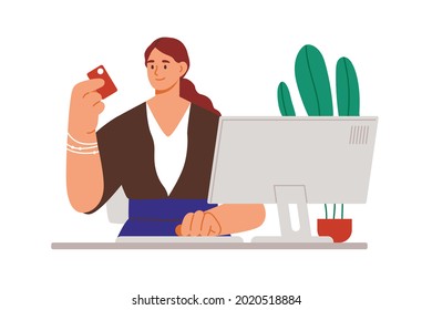 Persona que utiliza el sistema de negocios de pagos en línea. Mujer en el ordenador pagando a través de internet con tarjeta de banco. Concepto de comercio electrónico y contabilidad digital. Ilustración vectorial plana coloreada aislada en blanco