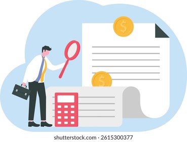 Person using calculator, magnifying glass and Studying huge paying receipt, Accountant Bookkeeping illustration

