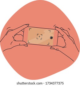 A person using a camera app on their phone or a smartphone. There is a viewfinder and a photo frame visible on the screen and a shutter button. Flat style vector simple cartoon illustration