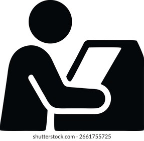 Persona que usa un entorno de oficina de pictogramas en blanco y negro para el aprendizaje digital y la productividad en el lugar de trabajo