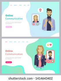 Person using dating app, man and woman holding phone and choosing profiles of people, couple communication in smartphone, person chatting vector, girl and boy in love messeger go to date. Website