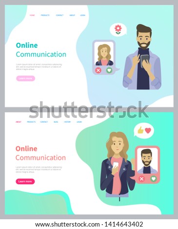 Person using dating app, man and woman holding phone and choosing profiles of people, couple communication in smartphone, person chatting vector, girl and boy in love messeger go to date. Website