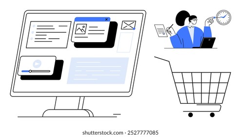 A person using a desktop computer surrounded by various interface elements like emails videos and images. Also includes a shopping cart and a clock. Ideal for remote work e-commerce time management