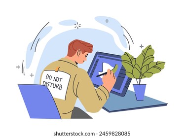 Person using a digital tablet for graphic design, vector illustration on a light background, concept of efficiency, concentration, high productivity, creative work