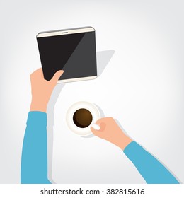 The person using the digital tablet ipad style blank coffee