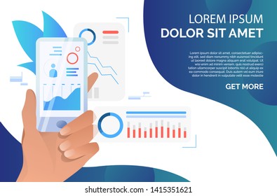 Person using financial analysis app on smartphone. Chart, data, analytics, technology concept. Presentation slide template. Vector illustration for topics like business, finance, analysis