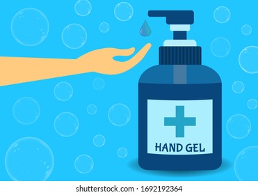 A person using hand sanitizer. Blue antiseptic gel bottle for disinfection and person's hand with a drop of soap. Covid-19 and other viruses spread prevention. 
Soap bubbles background.