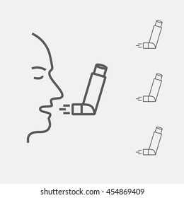 A person using inhaler for asthma. Line icon. Vector line illustration.