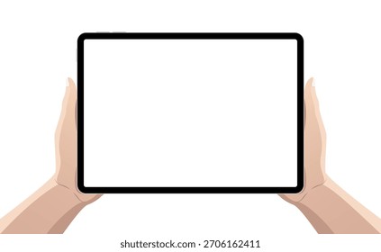 Person using ipad tablet pc in hands, cartoon style mockup template with blank screen. Vector illustration