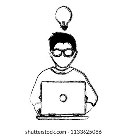 person using laptop with bulb