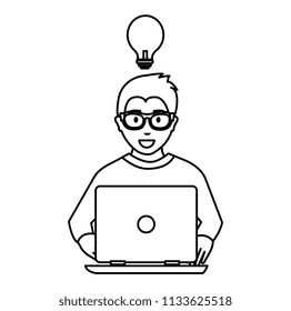 person using laptop with bulb