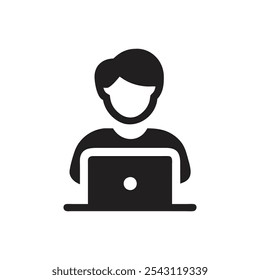 Person, die ein Laptop-Computersymbol auf weißem Hintergrund verwendet