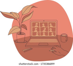A person using a laptop computer for an internet conference with his or her friends or coworkers via streaming app online. E-learning or working from home vector simple cartoon style flat illustration