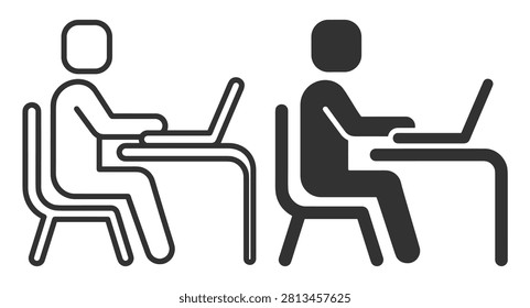 person using laptop computer sitting on chair at desk icon set on transparent background