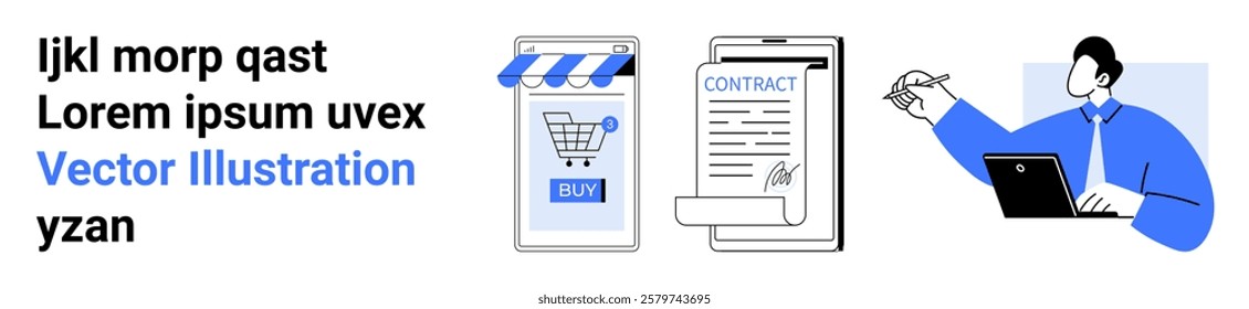 A person using a laptop conducting business, a contract on a clipboard, and an online store indicating e-commerce and digital transactions. Ideal for e-commerce, business, digital contracts, online