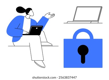 Person using laptop, discussing security measures, large padlock and laptop symbolizing data safety. Ideal for cybersecurity, digital literacy, workplace safety, data protection, IT training. Simple