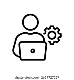 Person using laptop with gear icon. Icon symbol illustration