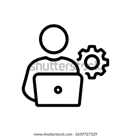 Person using laptop with gear icon. Icon symbol illustration