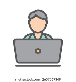 Pessoa Usando Ícone Laptop com Cabelo Cinza e Camisa Azul-petróleo