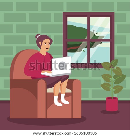 person using laptop in the livingroom vector illustration design