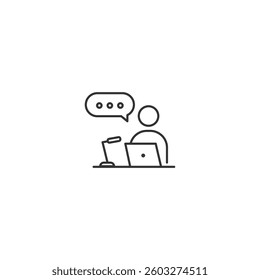 Person using laptop with messaging bubble single line icon vector.