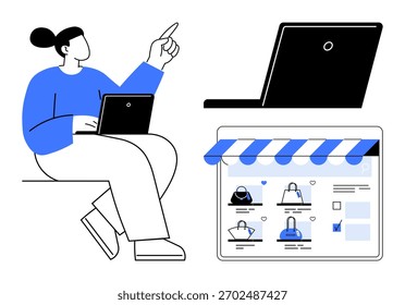 Person using laptop, pointing upward, with an e-commerce store interface showing handbags. Ideal for online shopping, e-commerce, digital marketing, retail, technology, user interface design sales