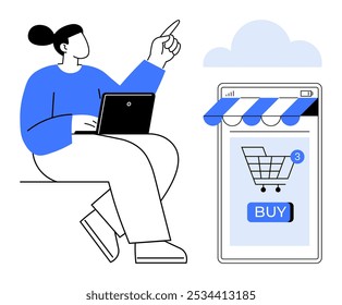 A person using a laptop points towards a large smartphone screen displaying a shopping cart icon with a BUY button and notification. Ideal for online shopping e-commerce digital transactions mobile