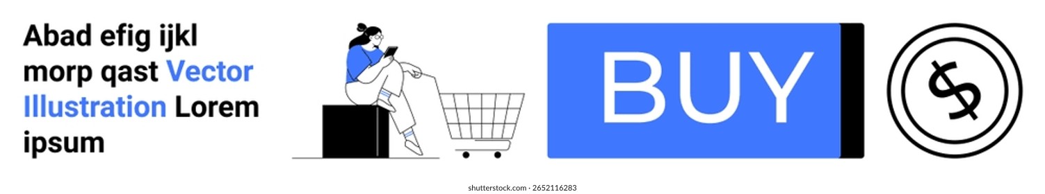 Pessoa usando laptop, carrinho de compras, grande botão COMPRAR, símbolo de moeda. Ideal para e-commerce, compras on-line, vendas digitais, compras pela Internet, varejo, interface do usuário, marketing. Página inicial