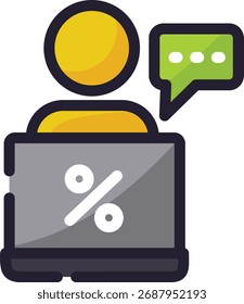 Pessoa que utiliza um computador portátil com um balão de fala que simboliza a comunicação online moderna. Adequado para sites, blogs ou conteúdo de mídia social.