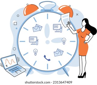 Person using laptop standing near big alarm clock with business icons, work online with digital technology, remote office with computer, distant communication with colleagues. Time management