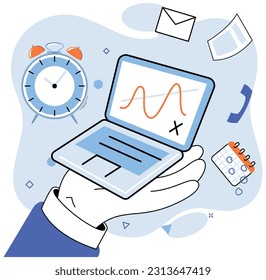 Person using laptop surrounded by business icons, work with digital technology, remote office. Businessman or freelancer with computer, distant communication with colleagues, remote online interaction