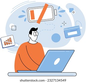 Person using laptop surrounded by business icons, work with digital technology, remote office. Businessman or freelancer with computer, distant communication with colleagues, remote online interaction