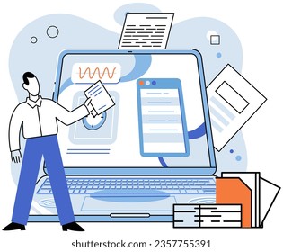 Persona que utiliza una laptop rodeada de iconos de negocios, trabaja con tecnología digital, oficina remota. Empresario o autónomo con computadora, comunicación distante con colegas, interacción remota en línea