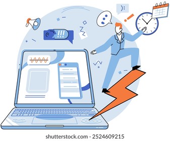 Person using laptop surrounded by business icons, work with digital technology, remote office. Businessman or freelancer with computer, distant communication with colleagues, remote online interaction