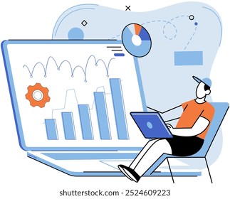 Person using laptop surrounded by business icons, work with digital technology, remote office. Businessman or freelancer with computer searching for information. Technical analysis research concept