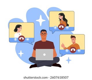 Person using laptop for a team video call with three colleagues shown in chat bubbles, flat graphic style, on white and blue abstract background. Concept of remote work. Vector illustration