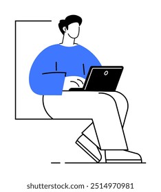 Pessoa usando um laptop enquanto senta. Ideal para tecnologia, produtividade, trabalho remoto, freelancer, estilo de vida nômade digital. Ilustração vetorial minimalista e moderna com cores pretas, azuis e brancas.