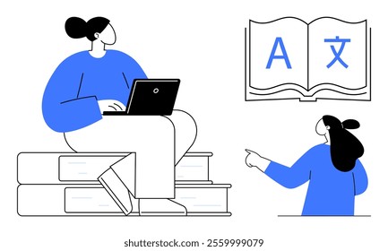 Person using a laptop while sitting on books, another pointing to an open book with letters. Ideal for education, technology, language learning, online courses, personal growth. Simple line, minimal