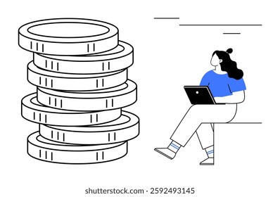 Person using a laptop while sitting beside a giant stack of coins symbolizes financial planning, investment strategies, and economic growth. Ideal for finance, savings, business development, digital