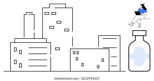 Person using laptop while sitting, positioned above cityscape of tall buildings next to a medicine bottle. Ideal for remote work, urban living, healthcare, technology, telecommuting, pharmaceuticals