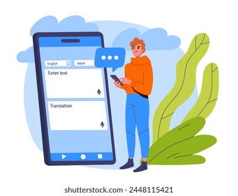 Person using a large smartphone for translation, vector illustration on a cloud and foliage background, concept of language barrier. Flat cartoon vector illustration