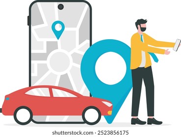 Person using Location App Ordering Taxi. Online Taxi Transport service. Cab booking Mobile App

