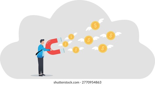 Person using a magnet to attract money and coins