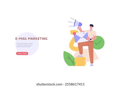 Person is using a megaphone to promote the benefits of email marketing. Concept of email marketing promotion, mail campaign, newsletter mail sending. Vector illustration in flat cartoon design.