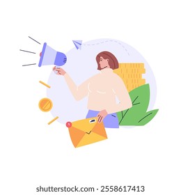 Person is using a megaphone to promote the benefits of email marketing. Concept of email marketing promotion, mail campaign, newsletter mail sending. Vector illustration in flat cartoon design.