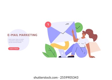 Person is using a megaphone to promote the benefits of email marketing. Concept of email marketing promotion, mail campaign, newsletter mail sending. Vector illustration in flat cartoon design.