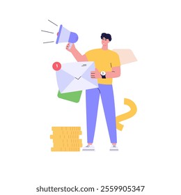 Person is using a megaphone to promote the benefits of email marketing. Concept of email marketing promotion, mail campaign, newsletter mail sending. Vector illustration in flat cartoon design.